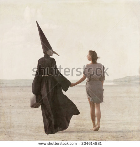 stock photo woman walking away through the desert accompanied by the mysterious person in the plague mask view 204614881 - Important factors to a Good Marriage